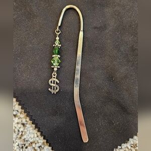 Silver Bookmark with Green Beads and Dollar Charm